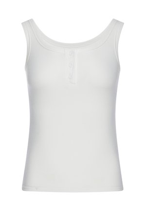 Hvid ærmeløs ribbet tanktop med rund halsudskæring og tre små knapper foran i midten.