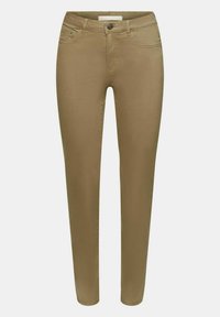 Pantalon kaki coupe slim avec bouton avant, fermeture éclair, passants pour ceinture et design à cinq poches, présenté sur un fond uni.