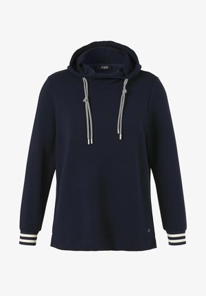 Sweat à capuche bleu marine avec cordons blancs, manches longues et poignets rayés blancs, présentant une coupe ample et un style décontracté.