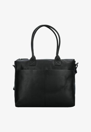 Zwarte leren tote bag met dubbele handgrepen aan de bovenkant, rechthoekige vorm, ritssluiting en een frontzak. Gladde textuur zonder zichtbare patronen.