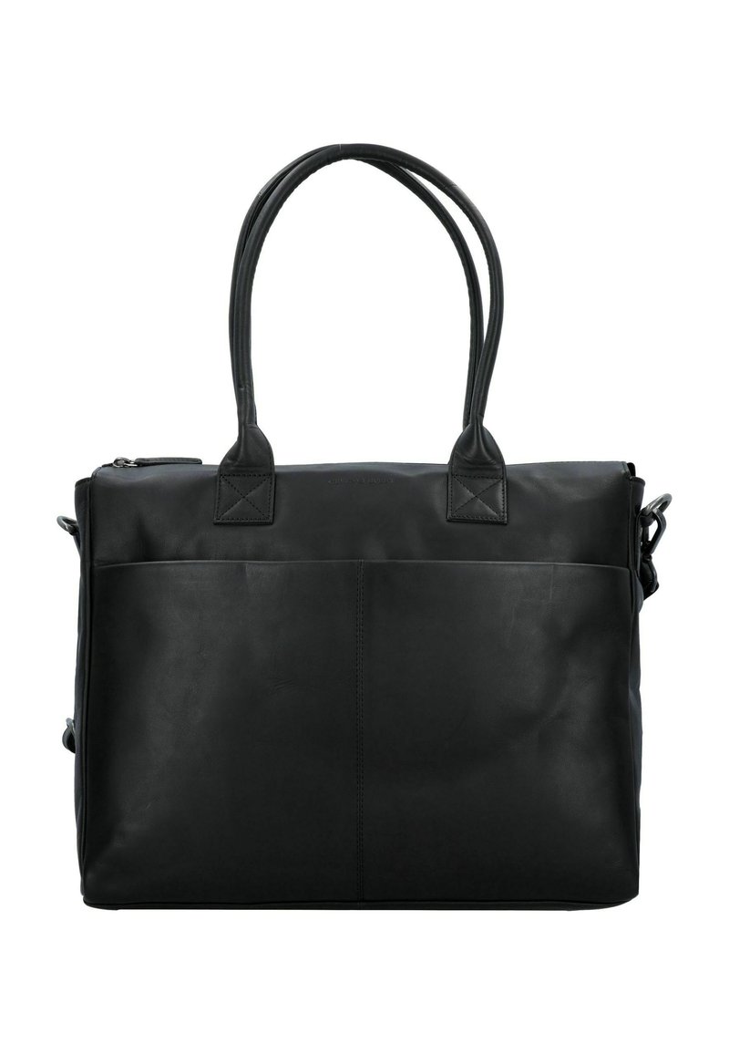 Zwarte leren tote bag met dubbele handgrepen aan de bovenkant, rechthoekige vorm, ritssluiting en een frontzak. Gladde textuur zonder zichtbare patronen.