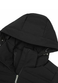 Zwarte pufferjack met capuchon, voorzien van een rits aan de voorkant, gequiltte textuur en een zachte voering. Inclusief toggles voor een verstelbare pasvorm.