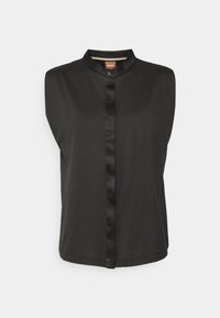 Blouse noire sans manches avec col montant et patte de boutonnage cachée sur le devant, fabriquée par la marque BOSS.