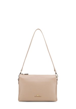 Beige Lederhandtasche mit glatter Oberfläche, Reißverschluss-Obenverschluss und einem einstellbaren Tragegurt. Mit einem dezenten Logo-Detail in Gold.