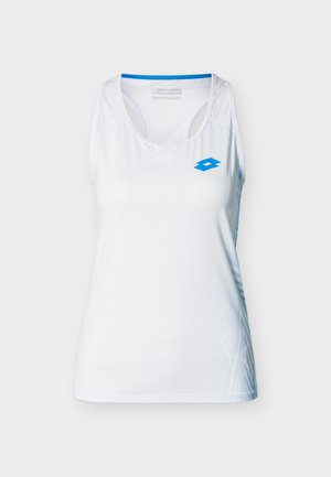 Hvid ærmeløs sportstop med blå kant indeni kraven og lille blå logo på venstre bryst, vist på ensfarvet baggrund.