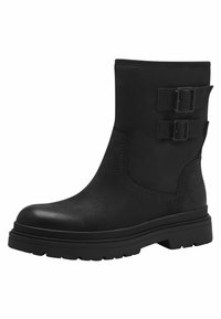 Bottine noire en cuir lisse avec des accents de double boucle, une semelle robuste et un bout rond. Présente une finition texturée et des coutures minimales.