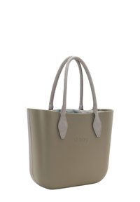 Khaki O Bag Tote mit glatter Außentextur, grauen Griffen und einem gemusterten Innenfutter. Verfügt über ein minimalistisches Design und Logodetails.