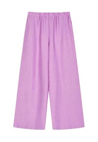 Licht paarse wijde broek met een gestructureerde stof, voorzien van een elastische tailleband en zonder zichtbare sluitingen of sluitingen.