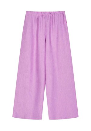 Pantalons larges lilas clair en tissu texturé, dotés d'une taille élastique et sans fermetures ni agrafes visibles.