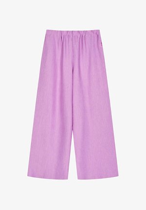 Heledama violetsed laiad püksid tekstuuriga kangast, millel on elastne vöökoht ja nähtamatud kinnitused.