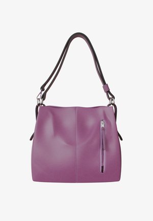 Lila lederne Handtasche mit glatter Textur, die eine Reißverschlusstasche an der Seite und zwei- farbige Schultertragegurte hat.