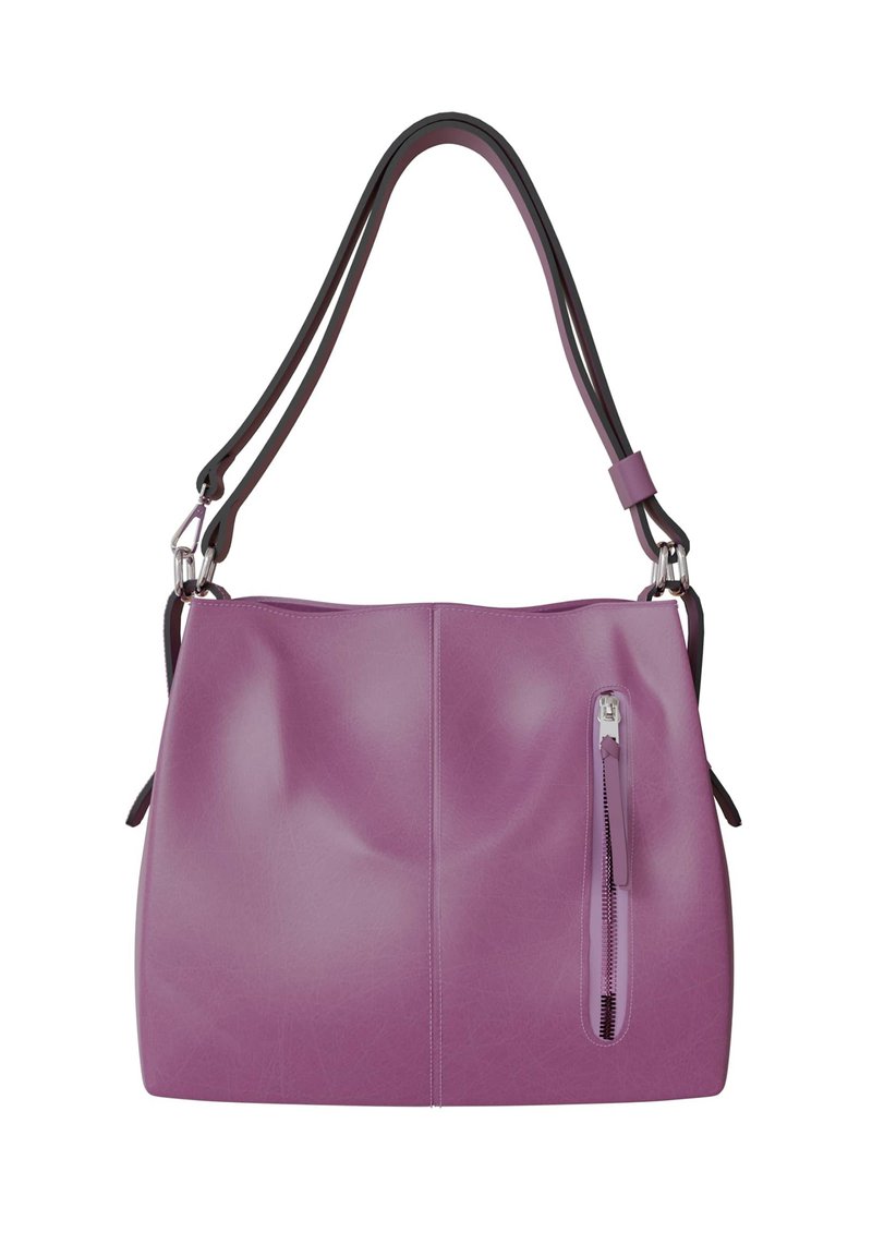 Purple leather handbag with a smooth texture, featuring a zippered pocket on the side and dual-tone shoulder straps.