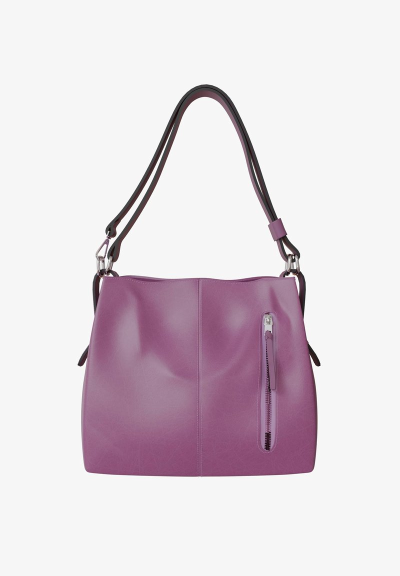 Purple leather handbag with a smooth texture, featuring a zippered pocket on the side and dual-tone shoulder straps.