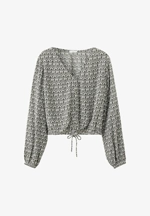 Črno-bela vzorčasta oprijeta bluza z dolgimi rokavi, V-izrezom in nastavljivim vrvico v pasu.