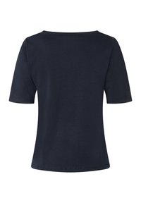 Dunkelblaues T-Shirt mit kurzen Ärmeln und Rundhalsausschnitt, aus einem weichen Stoff. Glatte Textur ohne sichtbare Muster oder Akzente.