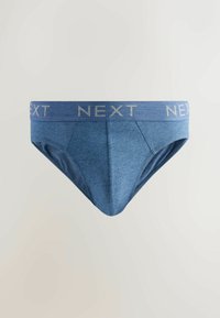Slip homme bleu avec une large ceinture affichant le nom de la marque « NEXT » en lettres gris clair.