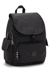 Black backpack with a textured geometric pattern, flap closure, front zip pocket, and a small decorative keychain. Fabric material, soft texture.