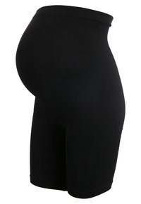 Sorte graviditetsshorts laget av elastisk, glatt stoff. Har en høy midje for støtte og sømløse kanter for komfort.