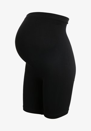Shorts de maternité noirs en tissu extensible et lisse. Dotés d'une taille haute pour un soutien et de bords sans coutures pour un confort optimal.