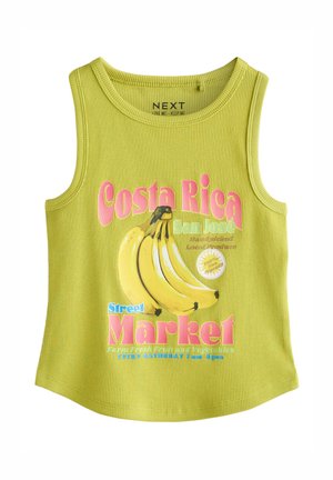 Žltý rebrovaný tielkový top s banánmi a textom "Costa Rica San Jose Street Market" v farebných písmenách na prednej strane.