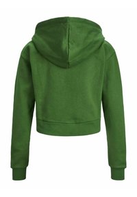 Sudadera cortada de color verde oscuro con mangas largas y dobladillo ajustado, vista desde la parte de atrás, sobre un fondo blanco.