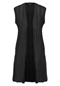 Gilet lungo senza maniche di colore nero con apertura frontale, realizzato in un tessuto testurizzato caratterizzato da linee verticali a coste, design leggero e fluido.