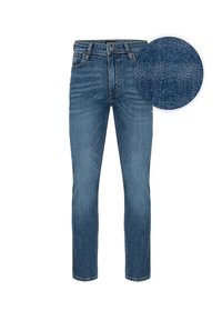 Niebieskie dżinsy o slim fit z pięcioma kieszeniami i klasycznym stanem. Zbliżenie pokazuje równomierny splot tkaniny.