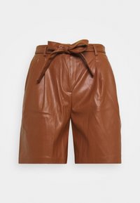 Bruna lädershorts med en slät yta, hög midja och en knyt-bälte framtill. Har veck, sidofickor och en rak skärning.