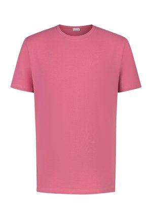 T-shirt rose à manches courtes en coton lisse, doté d'un col rond et d'une texture uniforme. Aucun motif ni accent présent.
