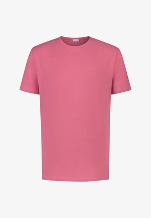 T-shirt rose à manches courtes en coton lisse, doté d'un col rond et d'une texture uniforme. Aucun motif ni accent présent.