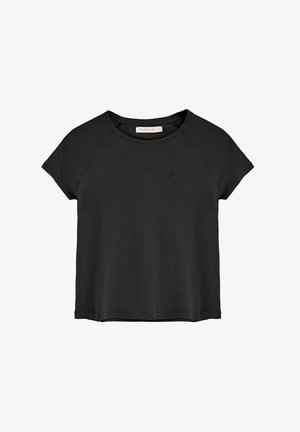Black, short-sleeve t-shirt with a round neckline and soft texture. Features a small, embroidered logo in navy on the left chest.