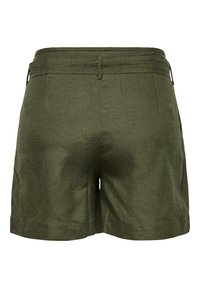 Khaki šortky s elastickým pasem, hladkým povrchem, dvěma bočními kapsami a čistým lemem. Zadní pohled ukazuje uvolněný střih.