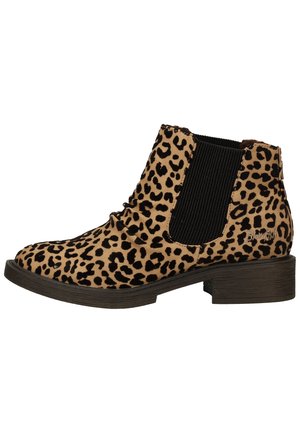 Botte en daim marron montant à la cheville avec des taches léopard noires, panneau latéral élastique et petit talon empilé en bois.