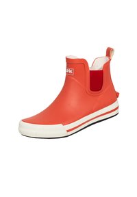 Rote Gummistiefel mit elastischen seitlichen Einsätzen, weißer strukturiertem Sohle und einer Schlaufe an der Rückseite. Mit einem Logo auf der Vorderseite.