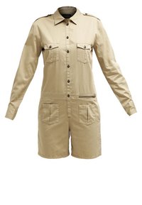 Mono utility beige de manga corta con botones en el frente, dos bolsillos en el pecho y dos bolsillos laterales; fabricado en una mezcla ligera de algodón.