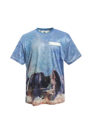 Camiseta gráfica de mezcla de algodón. Presenta un diseño abstracto en azul con formas rocosas oscuras en la parte inferior y un parche blanco con acentos metálicos.