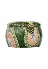 Vihreä kuvioitu säilytysastia, jolla on pyöristetty muoto ja yhteensopiva kansi. Sisältää kukka- ja abstrakteja kuvioita vaaleanpunaisessa, valkoisessa ja mustassa.