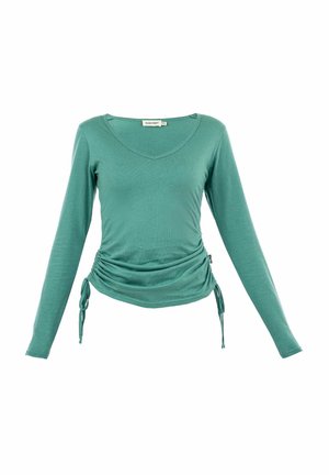 Langsleeve top in teal, gemaakt van zachte stof. Heeft een V-hals en geplooide zijkanten met verstelbare strikjes aan de zoom voor een getailleerde look.