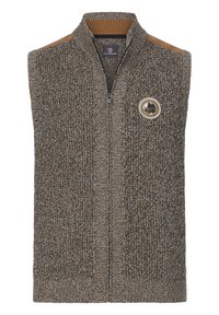 Strickweste in verschiedenen Brauntönen mit Reißverschluss, strukturiertem Stoff, geripptem Kragen und Saum sowie einem runden Logoakzent auf der linken Brust.