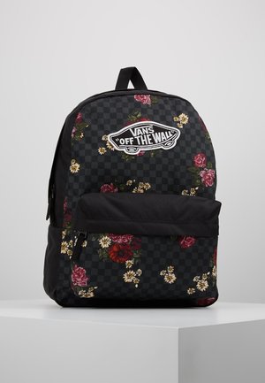 Zwart- en grijs geruite Vans rugzak met voorvak, bloemenprint in rood, geel, wit en een "Vans Off The Wall" logo patch aan de voorkant.