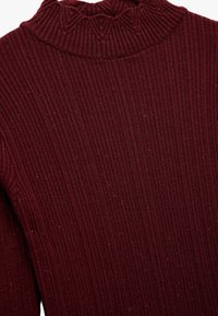 Bordowy sweter z golfem w prążki z teksturowanym, złożonym kołnierzem. Materiał wydaje się miękki z delikatnymi drobinkami. Długie rękawy i dopasowany krój.