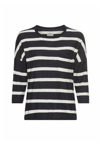 Marineblau- und weiß gestreiftes Langarmoberteil mit rundem Ausschnitt und einer Brusttasche; aus weichem, leichtem Stoff gefertigt.