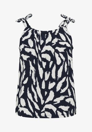 Haut sans manches noir et blanc à motifs avec bretelles nouées aux épaules et encolure froncée.