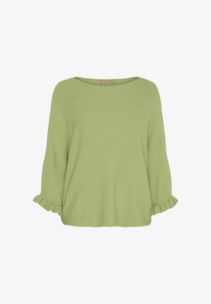 Lysegrøn strikket sweater med bred rund halsudskæring og flæsekant på trekvartærmer, løs pasform.