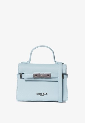 Lichtblauwe rechthoekige handtas van textuur materiaal met een bovenhandgreep, afneembare schouderriem en accenten van zilverkleurig beslag.