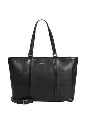 Czarna skórzana torba na ramię z podwójnymi paskami, złotą klamrą oraz wytłoczonym złotym logo "Burkely" na środku przedniej części.