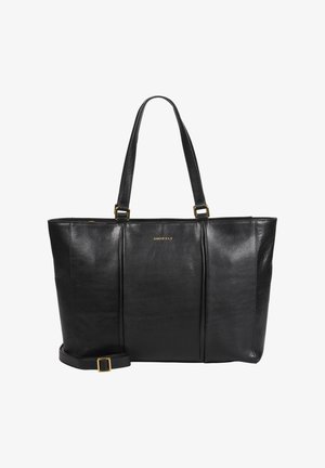 Borsa tote in pelle nera con doppi cinturini per la spalla, dettaglio con fibbia dorata e logo "Burkely" impresso in oro al centro anteriore.