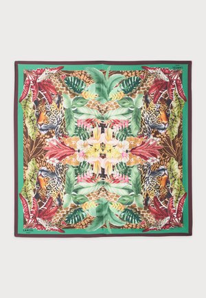 Zijden sjaal met symmetrisch jungle-ontwerp met luipaardgezichten, giraffenhalzen, tropische bladeren en kleurrijke bloemen op een groene rand.