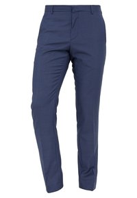 Tmavě modré pánské slim fit formální kalhoty s jemnými vertikálními proužky, poutky na opasek a předním zipem.