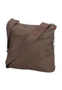 Borsa a tracolla in nylon marrone con texture liscia, chiusura con zip e tracolla regolabile. Dispone di una tasca posteriore con zip e di un design minimalista.